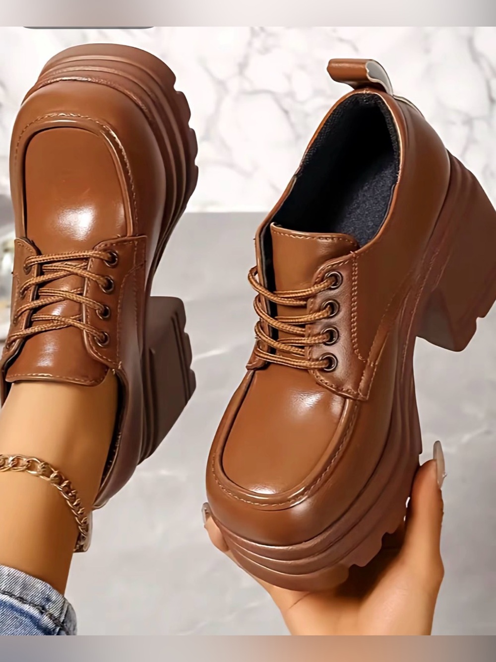Brown Chunky Platform Lace-Up Shoes – Size 36